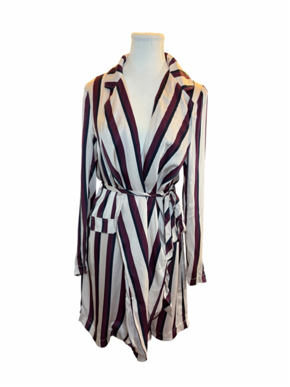 Chaser Striped Wrap Shirt Dress Ivory Burgundy Long Sleeve Tie Waist NWT Small - Picture 2 of 6